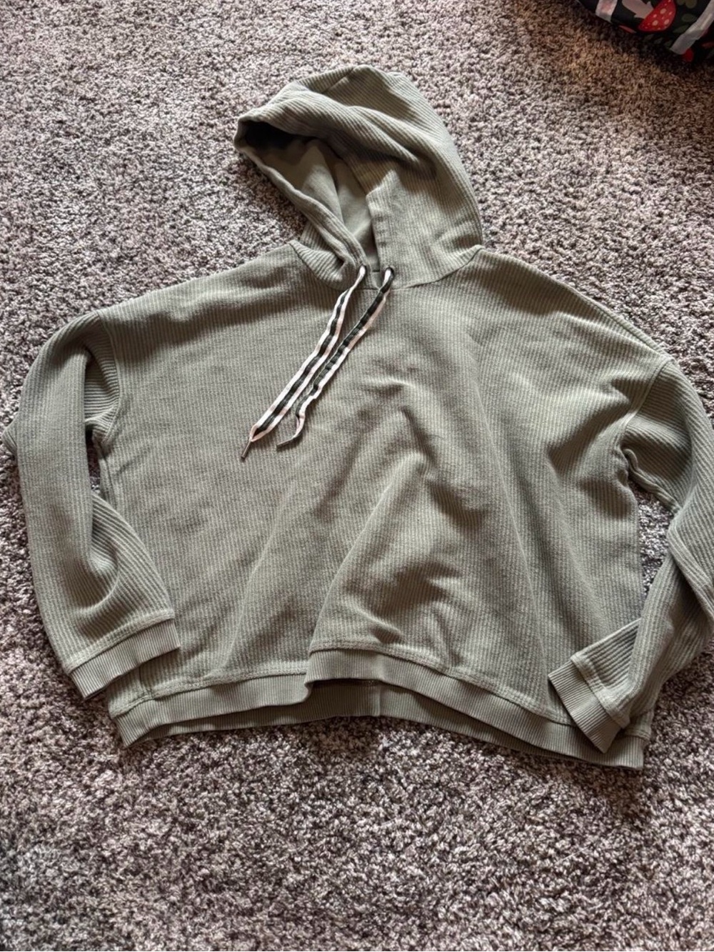 aerie Olive Green Ribbed Hoodie with Drawstrings
